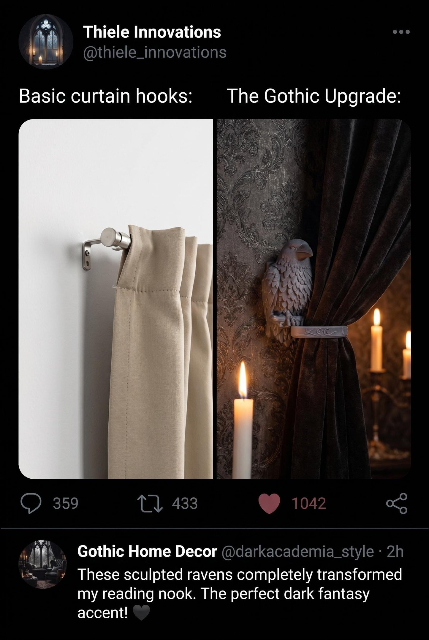 Gothic Raven Curtain Holder Set of 2 – Dark Fantasy Wall Decor