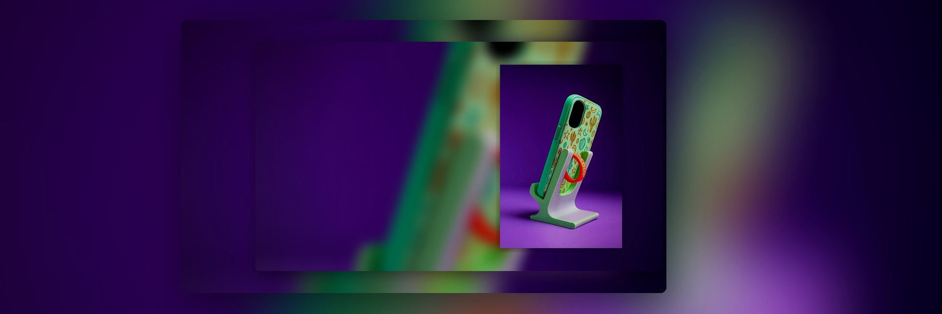 Phone case with a colorful design on a purple background